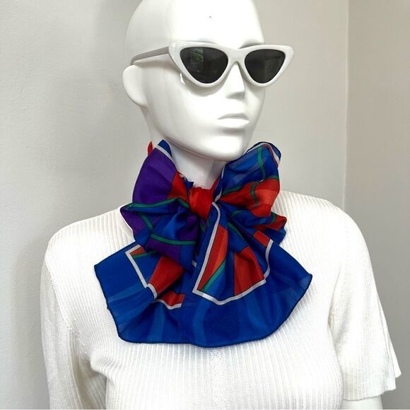 Vintage 1980s Super Vibrant Cobalt Square Abstract Grid Scarf - Picture 2 of 3